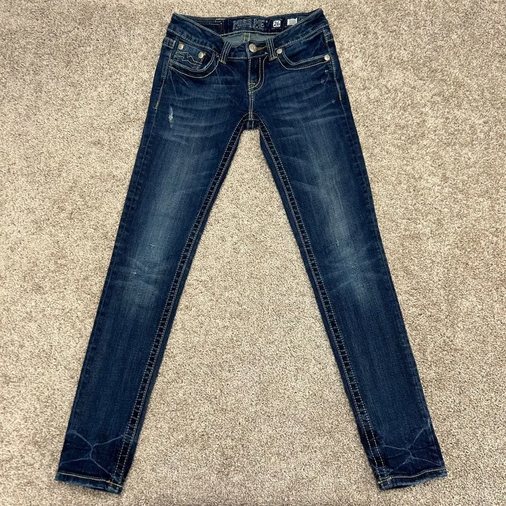 Miss Me Sunny Skinny Denim Jeans Women Size 26 Embroidery Thick‎ Stitch Distress